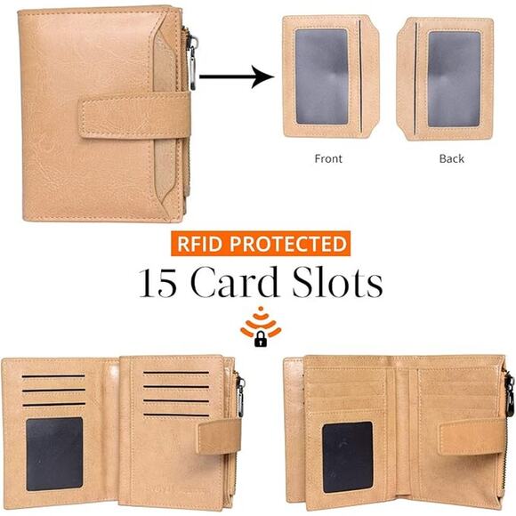 Women's Tan Faux Leather Bifold Wallet with Zipper Coin Pocket & Snap Closure - Picture 2 of 5